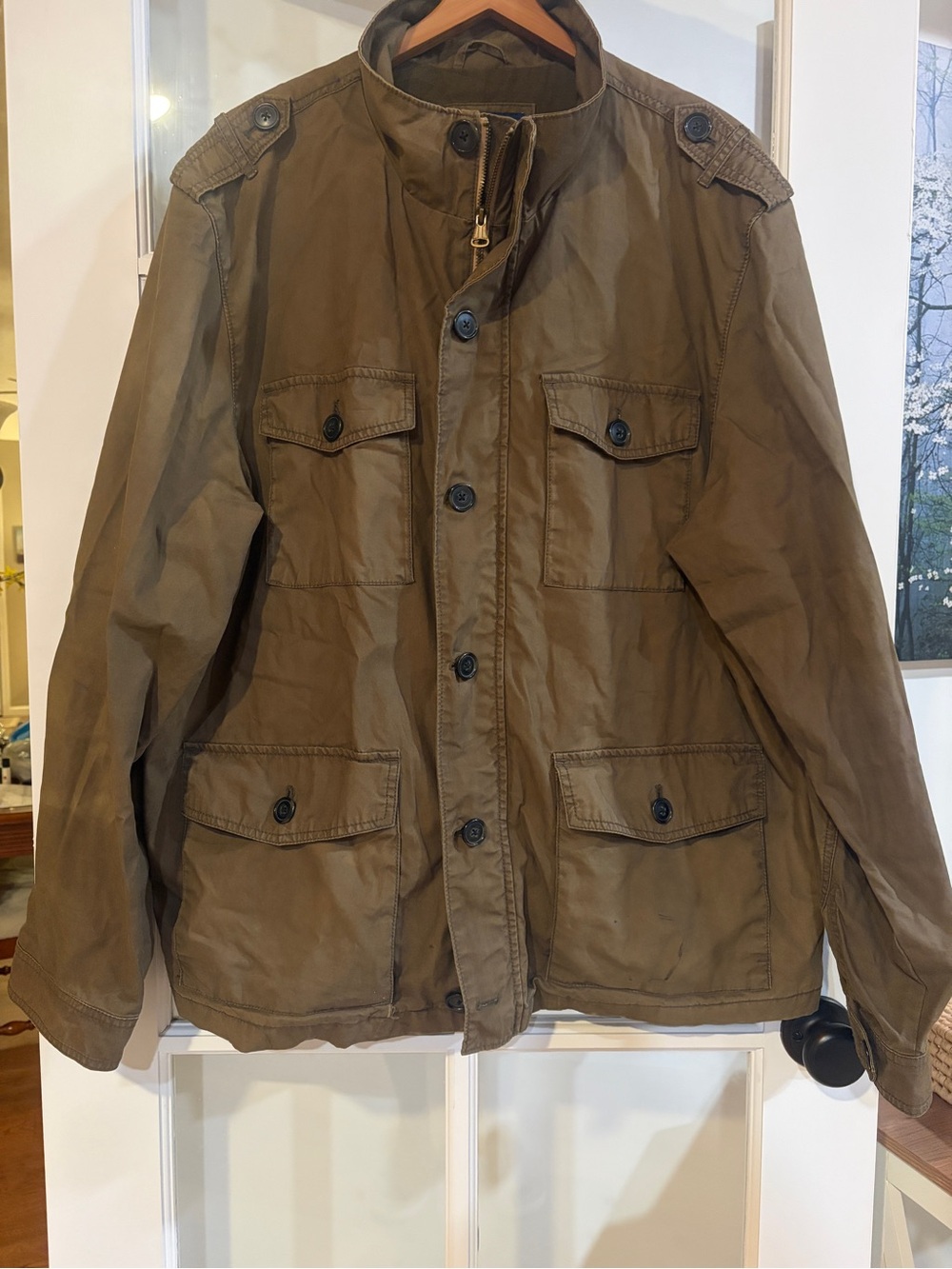 Old Navy Men’s Olive Military Utility Jacket Stand-Up Collar Zip Button 2XL